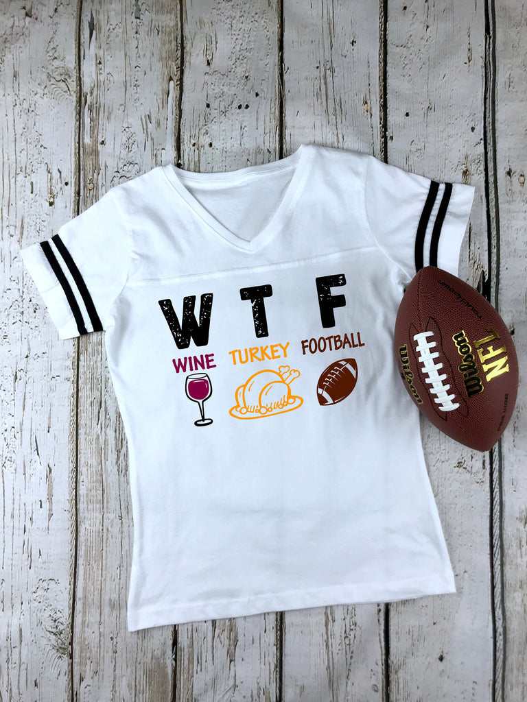 WTF Wine Turkey Football Women's Football V-Neck Fine Jersey Tee, Funny Football Shirt, Family Fun Shirt, Thanksgiving Shirt, Thanksgiving