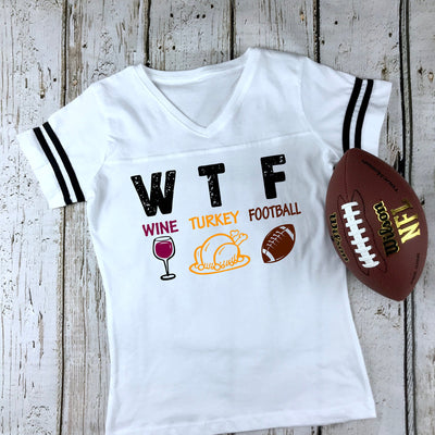 WTF Wine Turkey Football Women's Football V-Neck Fine Jersey Tee, Funny Football Shirt, Family Fun Shirt, Thanksgiving Shirt, Thanksgiving