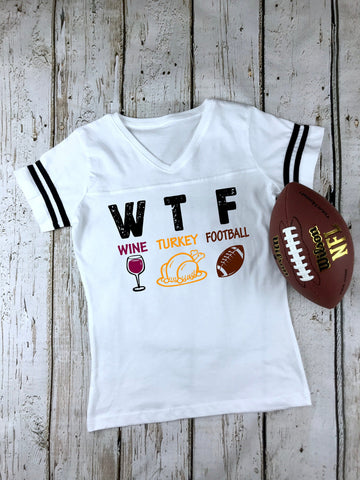 WTF Wine Turkey Football Women's Football V-Neck Fine Jersey Tee, Funny Football Shirt, Family Fun Shirt, Thanksgiving Shirt, Thanksgiving