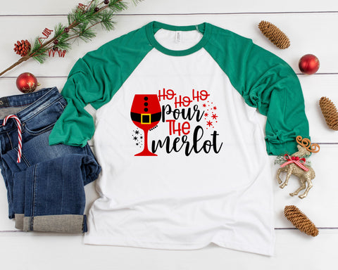 Ho Ho Ho Pour The Merlo Three Quarter Sleeve Baseball T-Shirt, Funny Christmas Shirt, Funny Saying Shirt, Christmas Humor Shirt, Wine Shirt