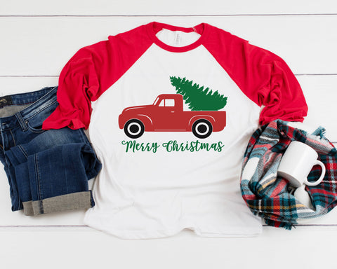 Merry Christmas Rustic Truck Three Quarter Sleeve Baseball T-Shirt, Funny Christmas Shirt, Funny Saying Shirt, Christmas Humor, Xmas Shirt
