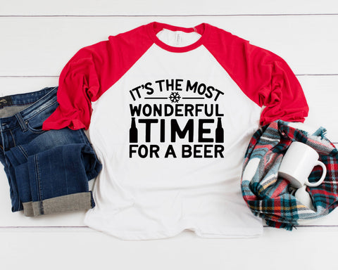It's The Most Wonderful Time For A Beer Three Quarter Sleeve Baseball T-Shirt, Funny Christmas, Funny Sayings, Christmas Humor, Xmas Shirt