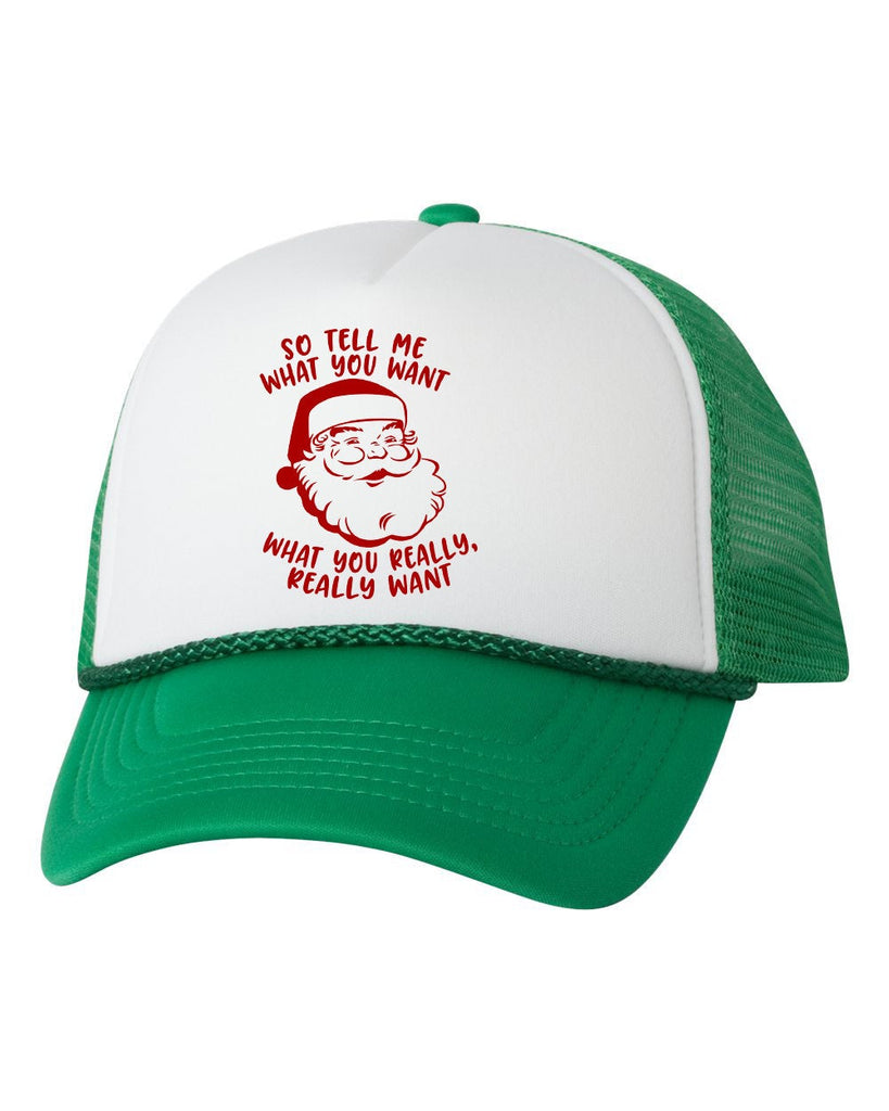 Santa Tell Me What You Want Trucker Hat Cap, Funny Christmas Hat, Christmas Humor, Funny Saying, Xmas Trucker Hat, Xmas Cap, Holiday Hat Cap