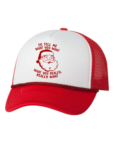 Santa Tell Me What You Want Trucker Hat Cap, Funny Christmas Hat, Christmas Humor, Funny Saying, Xmas Trucker Hat, Xmas Cap, Holiday Hat Cap