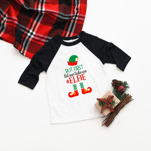 But First Let Me Take An Elfie, Youth Three Quarter Sleeve Baseball T-Shirt, Funny Christmas Shirt, Funny Saying Shirt, Christmas Shirt
