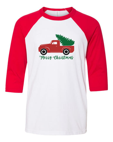 Christmas Rustic Truck, Youth Three Quarter Sleeve Baseball T-Shirt, Funny Christmas Shirt, Funny Saying Shirt, Christmas Shirt