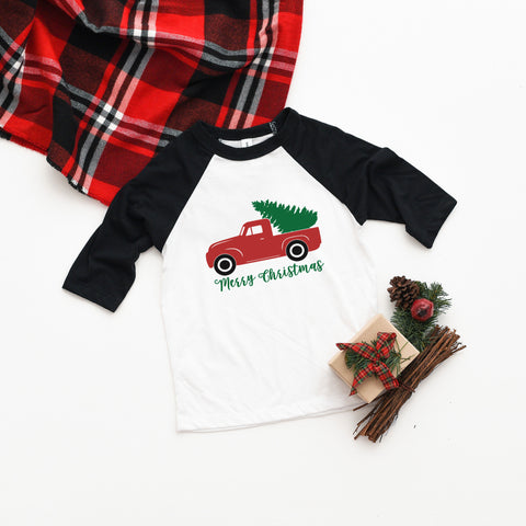 Christmas Rustic Truck, Youth Three Quarter Sleeve Baseball T-Shirt, Funny Christmas Shirt, Funny Saying Shirt, Christmas Shirt
