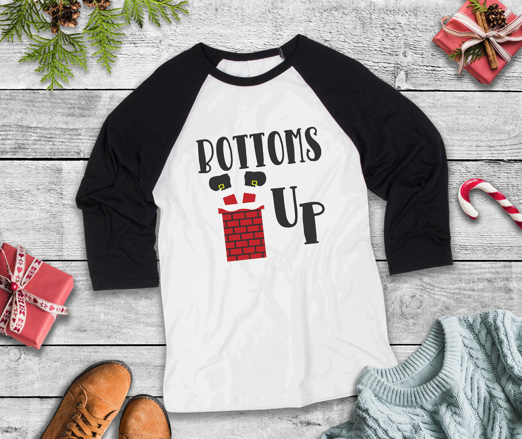Santa Bottoms Up Adult Three Quarter Sleeve Baseball T-Shirt, Funny Christmas Shirt, Funny Saying Shirt, Christmas Humor Shirt, Holiday