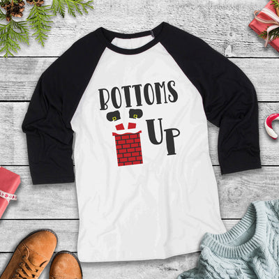 Santa Bottoms Up Adult Three Quarter Sleeve Baseball T-Shirt, Funny Christmas Shirt, Funny Saying Shirt, Christmas Humor Shirt, Holiday