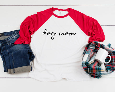 Dog Mom Script Three-Quarter Sleeve Baseball T-Shirt, Dog Mom Shirt, Fur Mama Shirt, Dog Mama Shirt, Dog Parent, Gift For Dog Mom, Dog Paw