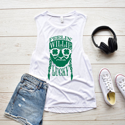 Feelin' Willie Lucky St Patrick's Day Women's Flowy Muscle Tank, St Paddy's Day Shirt, Funny St Patrick's Day Shirt, Choose Color!