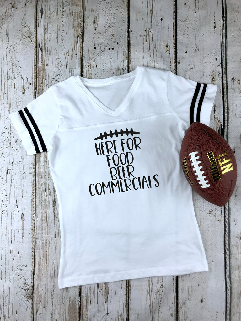 Here For The Food Beer Commercials Women's Football V-Neck Fine Jersey Tee, Funny Football Shirt, Tailgate Shirt, Sunday Funday, 12 Colors!
