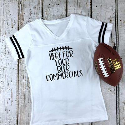 Here For The Food Beer Commercials Women's Football V-Neck Fine Jersey Tee, Funny Football Shirt, Tailgate Shirt, Sunday Funday, 12 Colors!