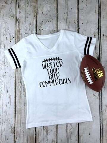Here For The Food Beer Commercials Women's Football V-Neck Fine Jersey Tee, Funny Football Shirt, Tailgate Shirt, Sunday Funday, 12 Colors!
