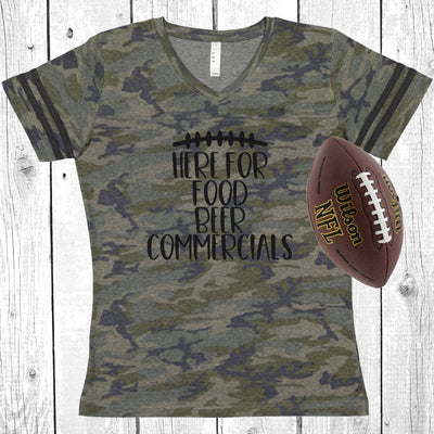 Here For Food Beer Commercials Vintage Camo Women's Football V-Neck Fine Jersey Tee, Tailgate Shirt, Sunday Funday, Choose Your Print Color!