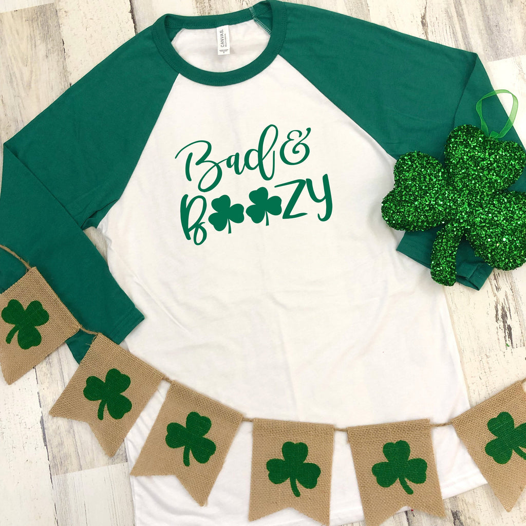 St Patrick's Day Three-Quarter Sleeve Baseball T-Shirt, Bad And Boozy, Funny St Patrick's Day Shirt, St Paddy's Day Shirt, Day Drinking