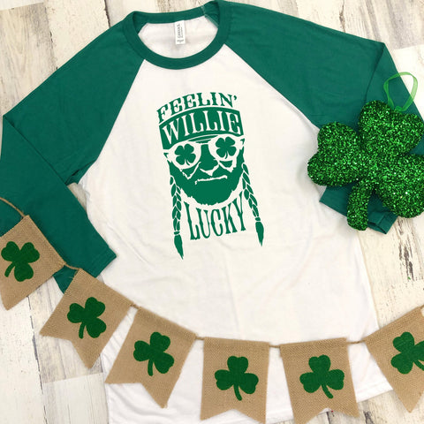 St Patrick's Day Three-Quarter Sleeve Baseball T-Shirt, Feelin' Willie Lucky, Funny St Patrick's Day Shirt, St Paddy's Day Tee, Day Drinking
