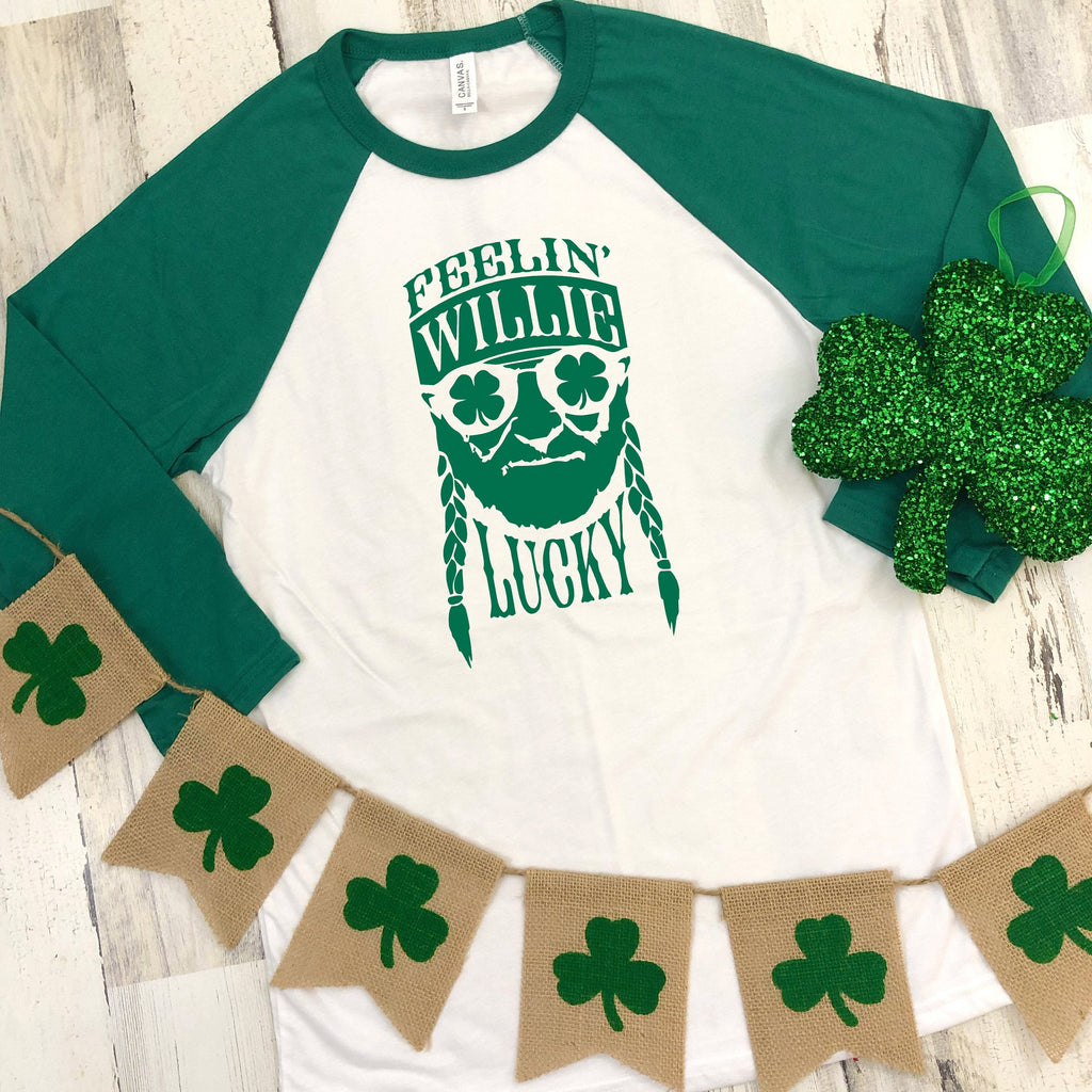 St Patrick's Day Three-Quarter Sleeve Baseball T-Shirt, Feelin' Willie Lucky, Funny St Patrick's Day Shirt, St Paddy's Day Tee, Day Drinking