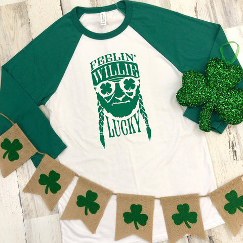 St Patrick's Day Three-Quarter Sleeve Baseball T-Shirt, Feelin' Willie Lucky, Funny St Patrick's Day Shirt, St Paddy's Day Tee, Day Drinking