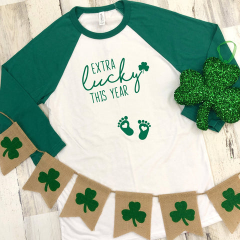 St Patrick's Day Three-Quarter Sleeve Baseball T-Shirt, Extra Lucky This Year, Mom To Be, Baby Announcement, Baby Reveal, Pregnancy Shirt