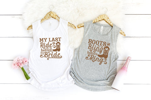 Bachelorette Party Women's Muscle Tanks Shirts, My Last Ride, Boots And Bling, Country Wedding, Bachelorette Party, Bridesmaids, Bride