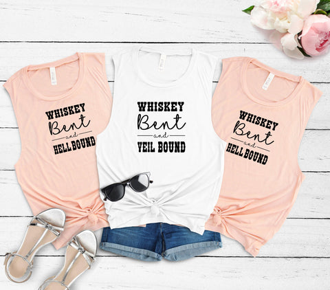 Bachelorette Party Women's Flowy Muscle Tanks Shirts, Whiskey & Veil Bound, Hell Bound, Country Bachelorette Party, Bridesmaids, Bride to Be