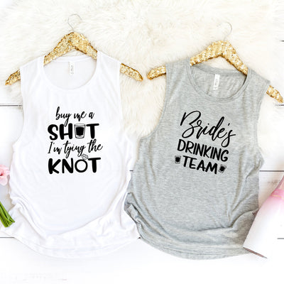 Bachelorette Party Women's Flowy Muscle Tanks Shirts, Buy Me A Shot Tying the Knot, Drinking Team, Bachelorette Party, Bridesmaids, Wedding