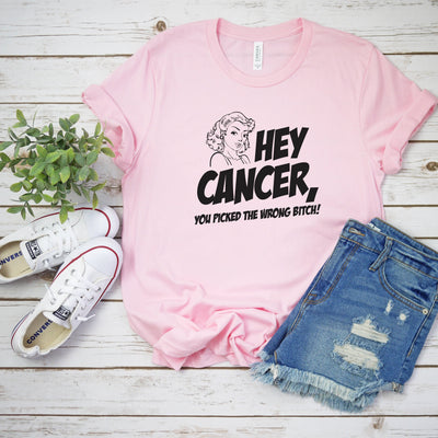 Hey Cancer You Picked The Wrong Bitch T-Shirt, Cancer Awareness, Fight Cancer, Gift For Her, Cancer Sucks Shirt
