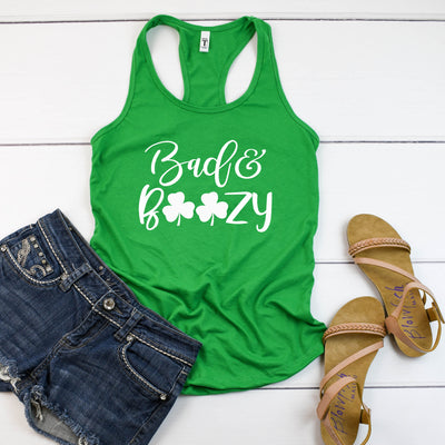 Bad And Boozy women's racerback tank top shirt, Funny St Patrick's Day Tank Top, St Paddy's Tank Top, St Pattys Day Shirt, Drunk Shirt