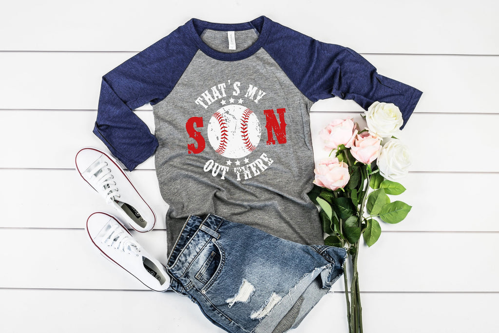 Baseball Mom Three-Quarter Sleeve Baseball T-Shirt, That's My Son Out There, Game Day Shirt, Gift. For Mom, Sports Mom Shirts, Custom Option