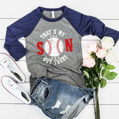 Baseball Mom Three-Quarter Sleeve Baseball T-Shirt, That's My Son Out There, Game Day Shirt, Gift. For Mom, Sports Mom Shirts, Custom Option