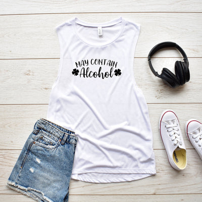 May Contain Alcohol Funny St Patrick's Day Women's Flowy Muscle Tank, St Paddy's Day Shirt, Funny St Patrick's Day Shirt, Choose Color!