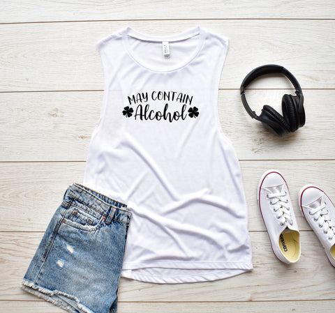 May Contain Alcohol Funny St Patrick's Day Women's Flowy Muscle Tank, St Paddy's Day Shirt, Funny St Patrick's Day Shirt, Choose Color!