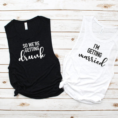 Bachelorette Party Women's Flowy Muscle Tanks, Getting Married, Getting Drunk Bachelorette Party, Bridal Shirts, Bridesmaids, Bride Gift