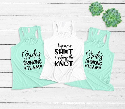 Bachelorette Party Women's Flowy Racerback Tanks Shirts, Buy Me A Shot I'm Tying The Knot, Bride's Team, Bachelorette Party, Bridesmaids