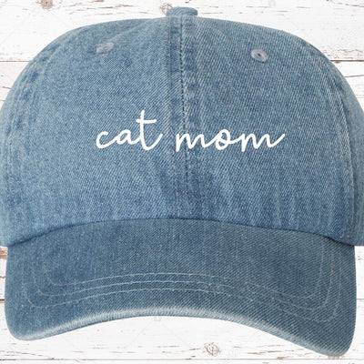 Cat Mom Script Dad Hat, Washed Denim Hat Cap, Cat Lovers, Cat Mama Hat, Cat Mom Hat, Choose Your Hat Color! Choose Any Color Vinyl Print!