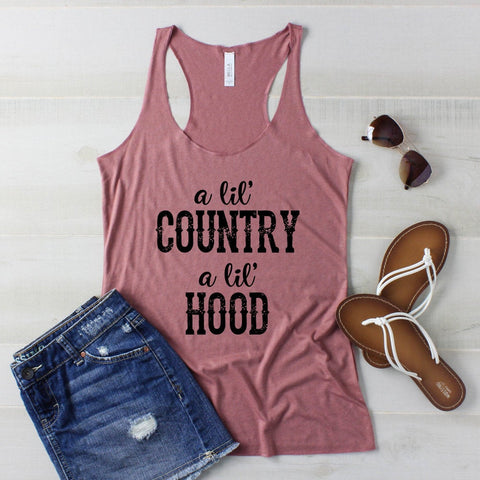 A little Country, A little Hood Distressed Women's Racerback Triblend Tank Top, Country Music Tank Top Shirts, Festival Concert Tank Tops