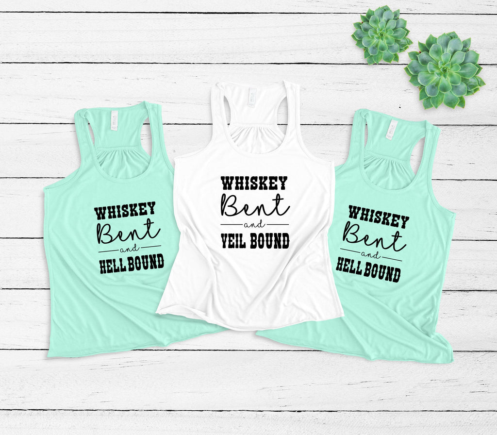 Bachelorette Party Women's Flowy Racerback Tanks Shirts, Whiskey Bent, Veil Bound, Hell Bound Bachelorette Party, Bridesmaids