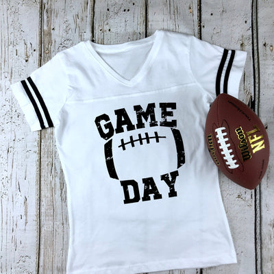 Game Day Distressed Women's Football V-Neck Fine Jersey Tee, Funny Football Shirt, Tailgate Shirt, Sunday Funday, Choose Your Shirt Color!