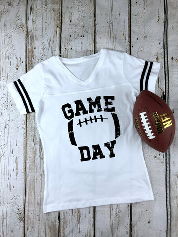 Game Day Distressed Women's Football V-Neck Fine Jersey Tee, Funny Football Shirt, Tailgate Shirt, Sunday Funday, Choose Your Shirt Color!
