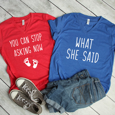 Couples Shirts V-Neck T-Shirt, You Can Stop Asking Now, Baby Announcement Shirts, Matching Shirts, Mom To Be, Dad To Be, Pregnancy Reveal