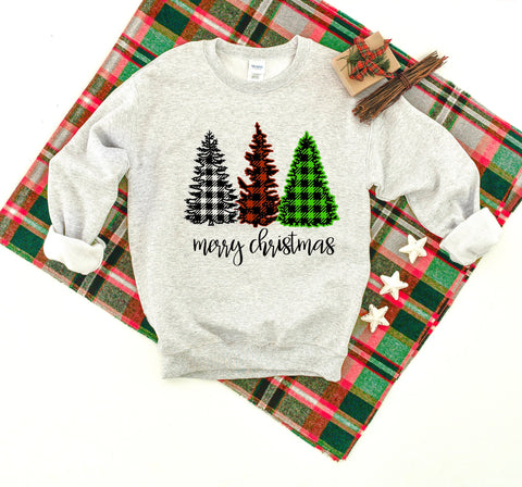 Merry Christmas Buffalo Plaid Leopard Print Christmas Trees Heavy Blend Crewneck Sweatshirt, Christmas Sweater, Plaid Sweatshirt, Christmas