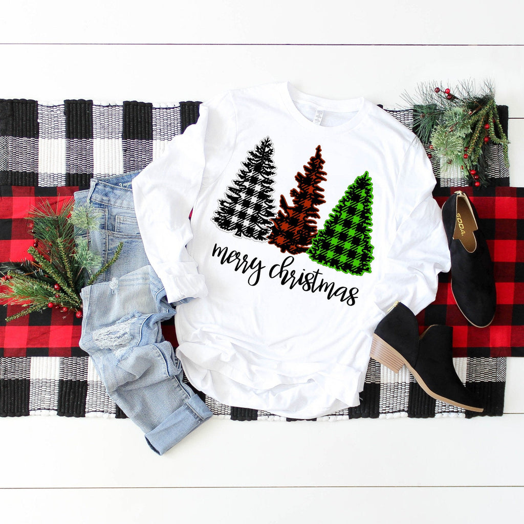 Merry Christmas Buffalo Plaid Print Christmas Trees Long Sleeve Unisex, Christmas Shirt, Christmas Gift Idea, Plaid Christmas Shirt, Gift