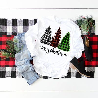 Merry Christmas Buffalo Plaid Print Christmas Trees Long Sleeve Unisex, Christmas Shirt, Christmas Gift Idea, Plaid Christmas Shirt, Gift