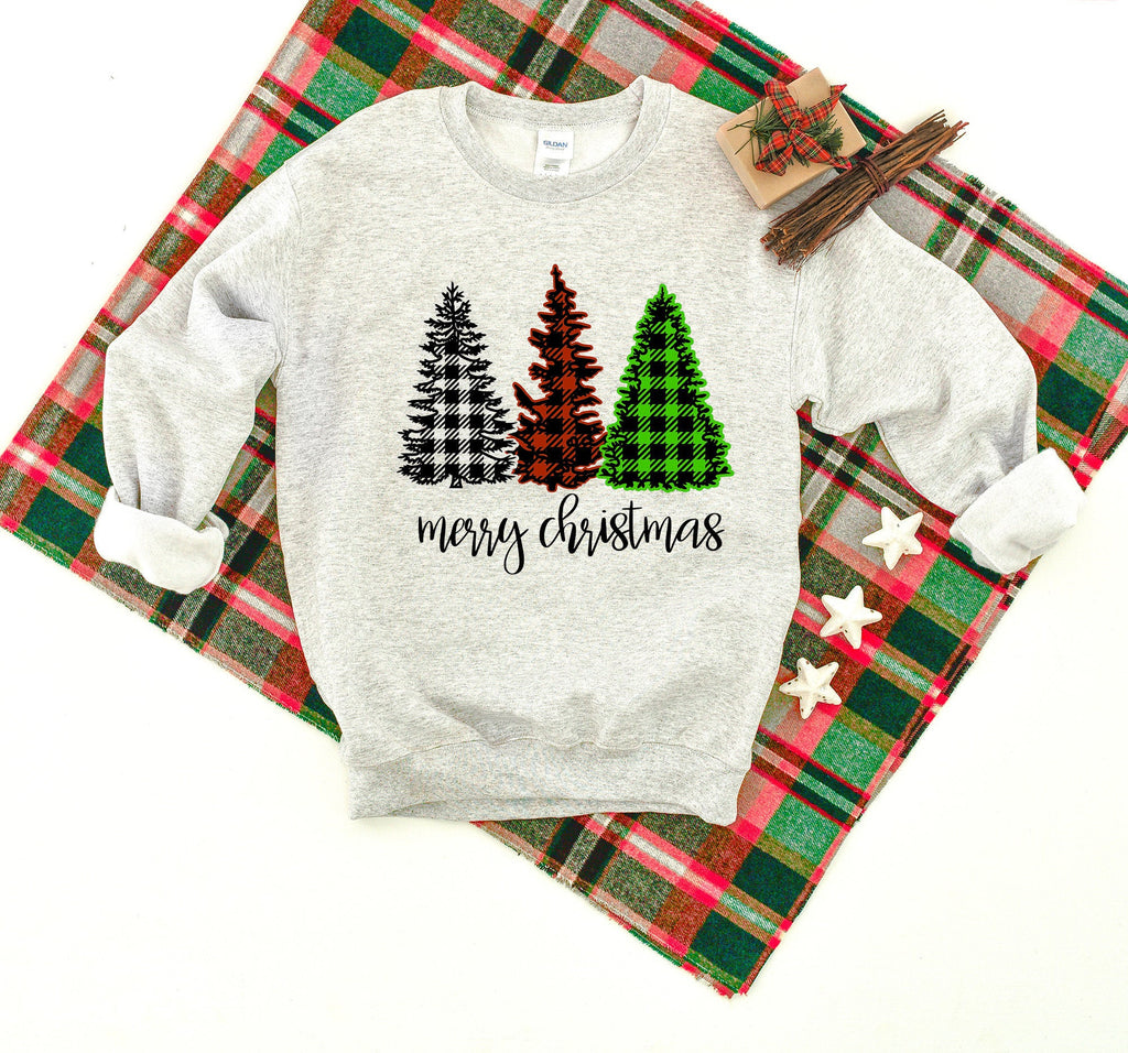 Merry Christmas Buffalo Plaid Leopard Print Christmas Trees Heavy Blend Crewneck Sweatshirt, Christmas Sweater, Plaid Sweatshirt, Christmas