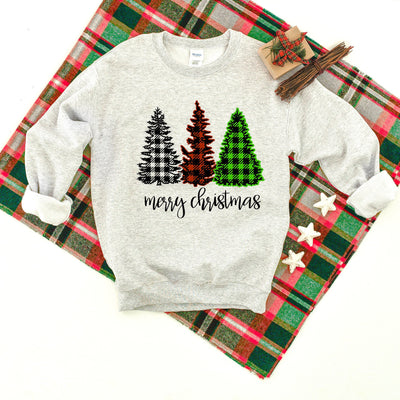 Merry Christmas Buffalo Plaid Leopard Print Christmas Trees Heavy Blend Crewneck Sweatshirt, Christmas Sweater, Plaid Sweatshirt, Christmas