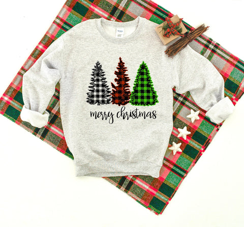 Merry Christmas Buffalo Plaid Leopard Print Christmas Trees Heavy Blend Crewneck Sweatshirt, Christmas Sweater, Plaid Sweatshirt, Christmas