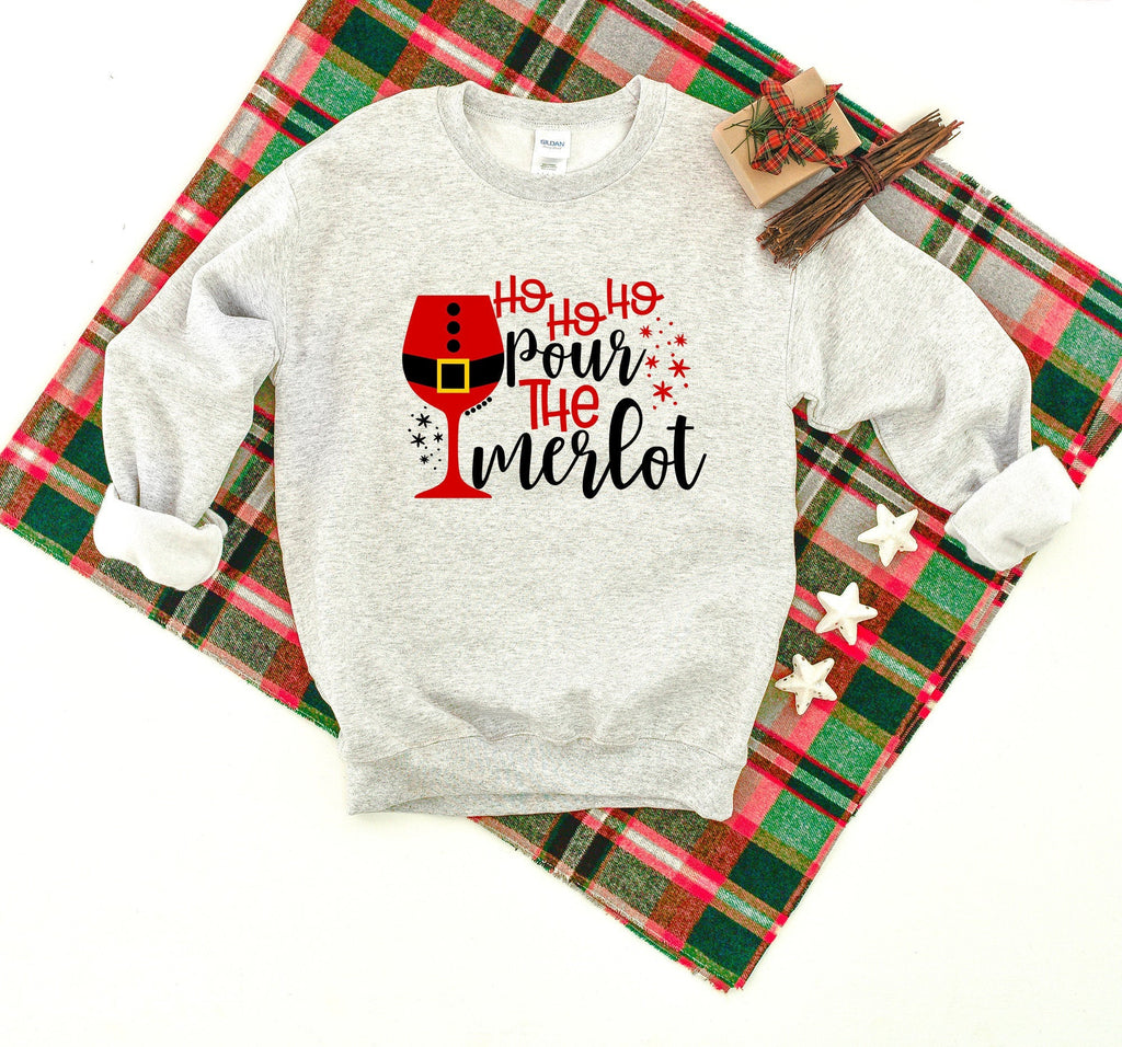Ho Ho Ho Pour The Merlot Heavy Blend Crewneck Sweatshirt, Christmas Sweater, Plaid Sweatshirt, Christmas Sweater, Funny, Lit, Wine Christmas