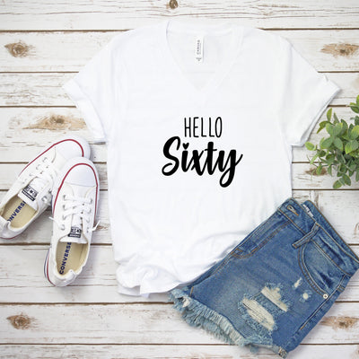 60th Birthday Gift, Hello Sixty V-Neck Shirt, 60th B-Day Tee, 60th Gift, Hello 60th Birthday, Funny 60th Bday, Gift For 60th, More Colors